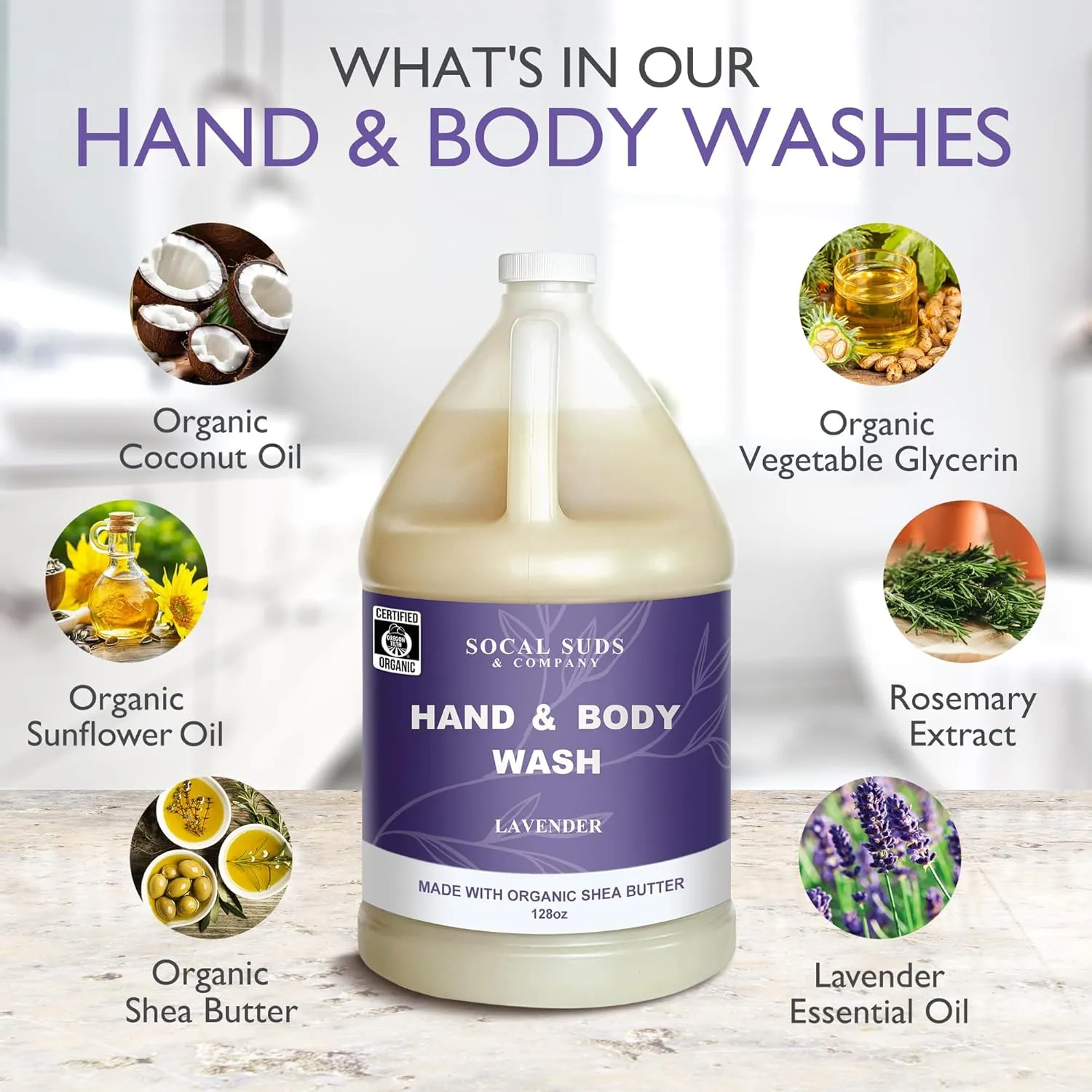 SoCal Suds & Company 128oz Certified Organic Hand & Body Wash w/Shea Butter- Gentle Natural Body,Baby & Face Wash for Sensitive Skin, Moisturizing Thick Castile Soap, Hand Soap and More - Lavender