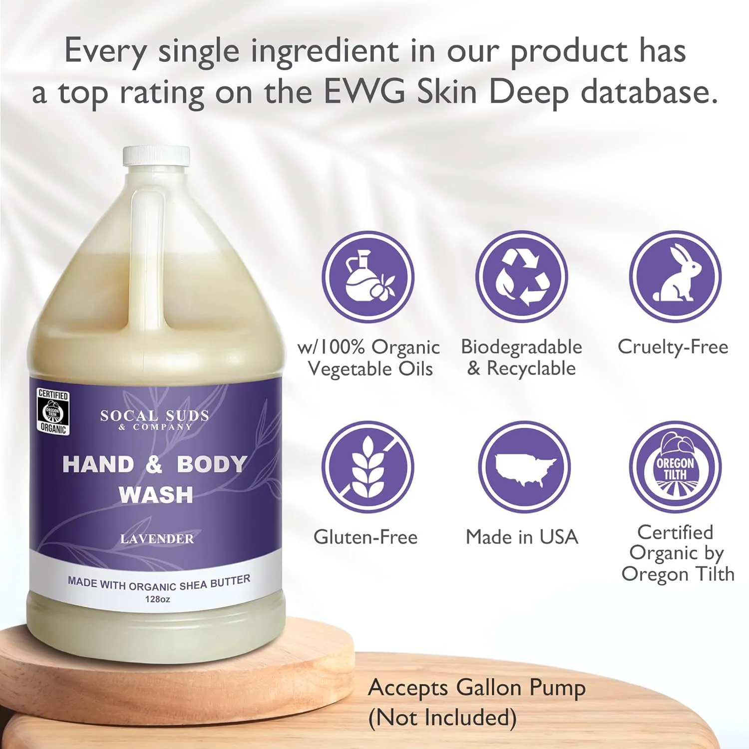 SoCal Suds & Company 128oz Certified Organic Hand & Body Wash w/Shea Butter- Gentle Natural Body,Baby & Face Wash for Sensitive Skin, Moisturizing Thick Castile Soap, Hand Soap and More - Lavender