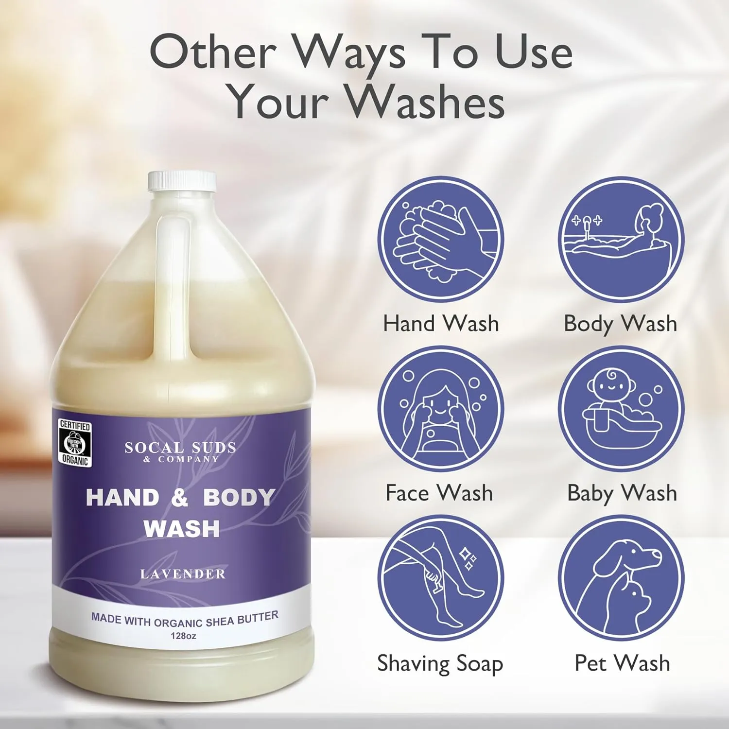 SoCal Suds & Company 128oz Certified Organic Hand & Body Wash w/Shea Butter- Gentle Natural Body,Baby & Face Wash for Sensitive Skin, Moisturizing Thick Castile Soap, Hand Soap and More - Lavender