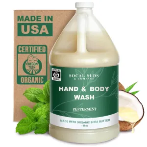 SoCal Suds & Company 128oz Certified Organic Hand & Body Wash w/Shea Butter- Gentle Natural Body,Baby & Face Wash for Sensitive Skin, Moisturizing Thick Castile Soap, Hand Soap and More - Peppermint