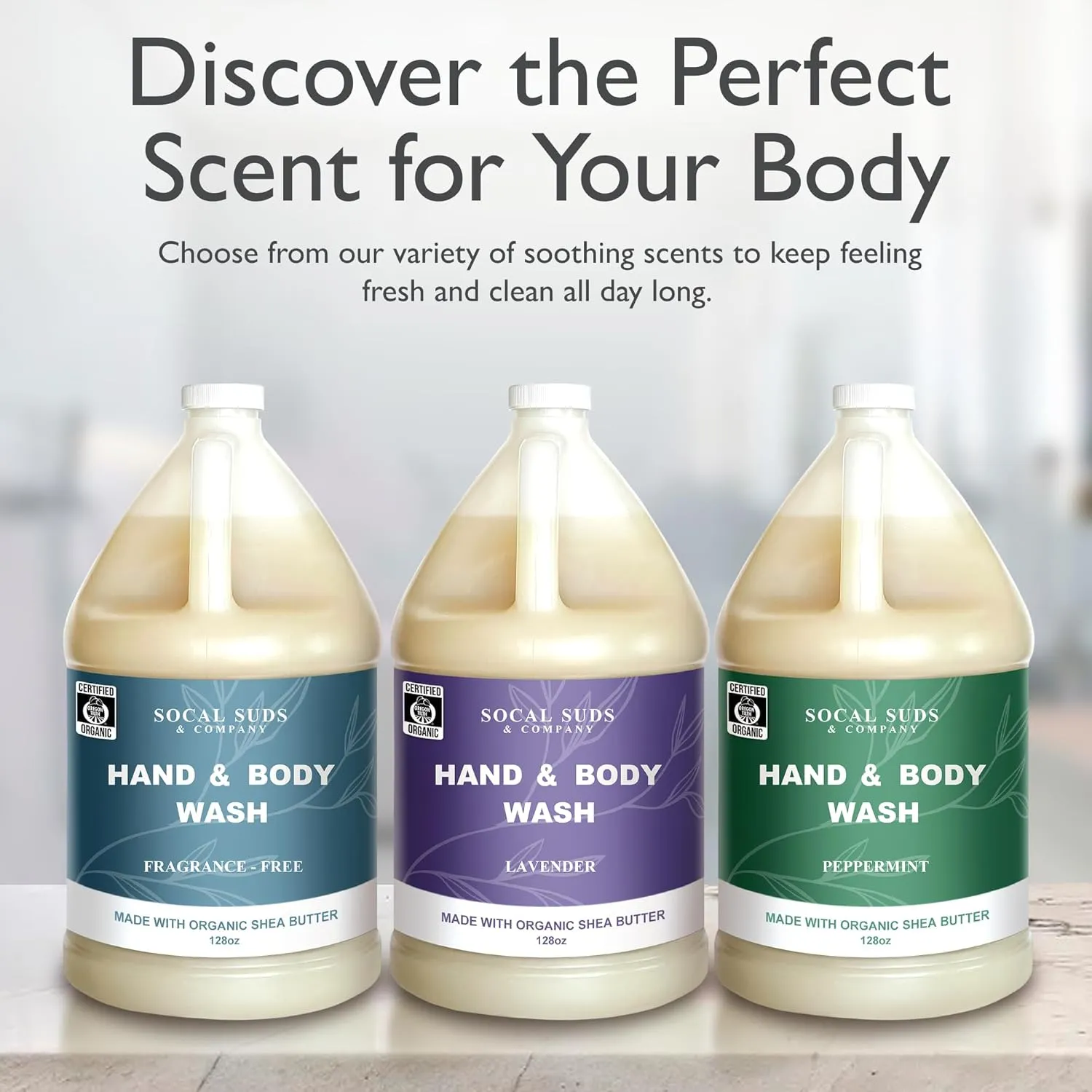 SoCal Suds & Company 128oz Certified Organic Hand & Body Wash w/Shea Butter- Gentle Natural Body,Baby & Face Wash for Sensitive Skin, Moisturizing Thick Castile Soap, Hand Soap and More - Peppermint