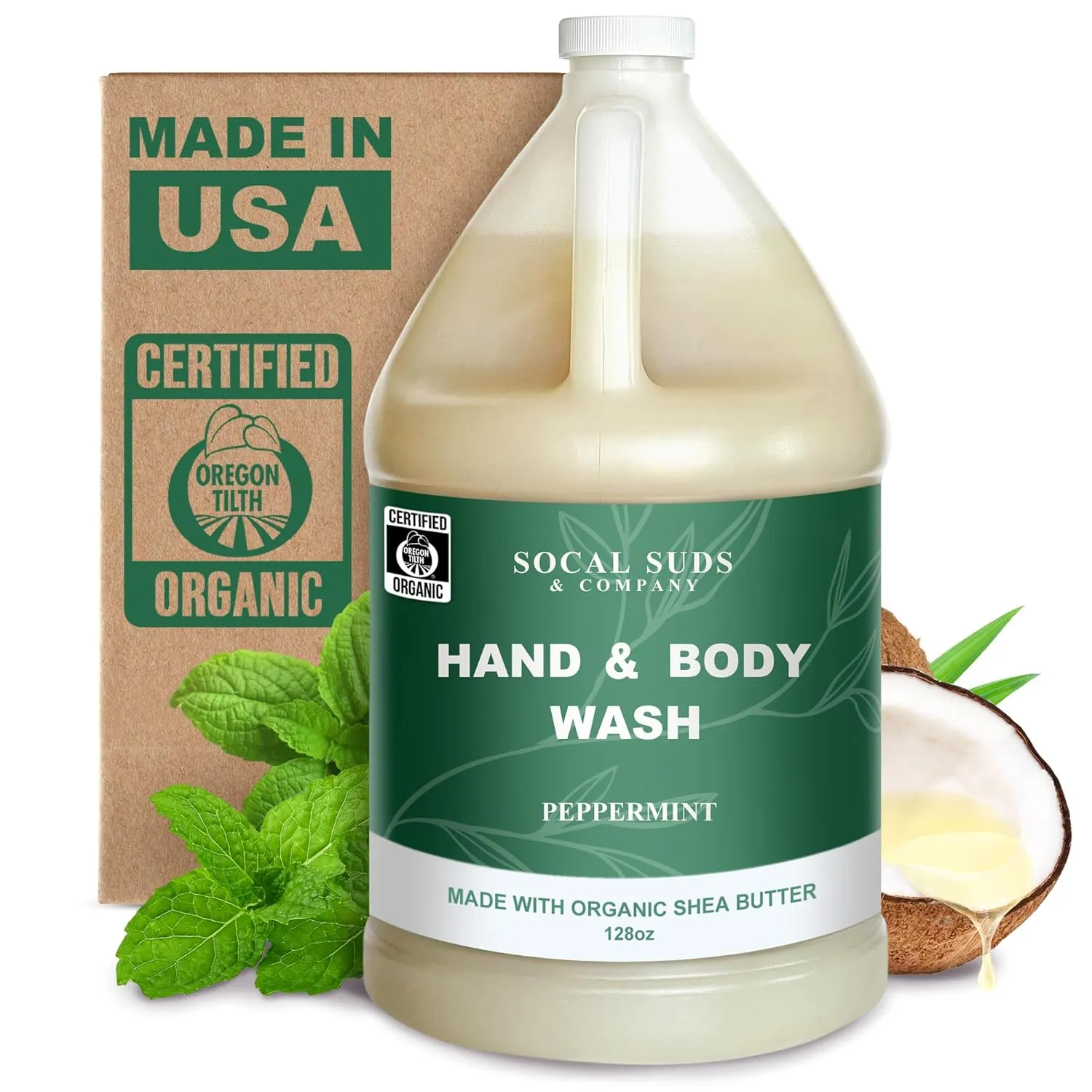 SoCal Suds & Company 128oz Certified Organic Hand & Body Wash w/Shea Butter- Gentle Natural Body,Baby & Face Wash for Sensitive Skin, Moisturizing Thick Castile Soap, Hand Soap and More - Peppermint