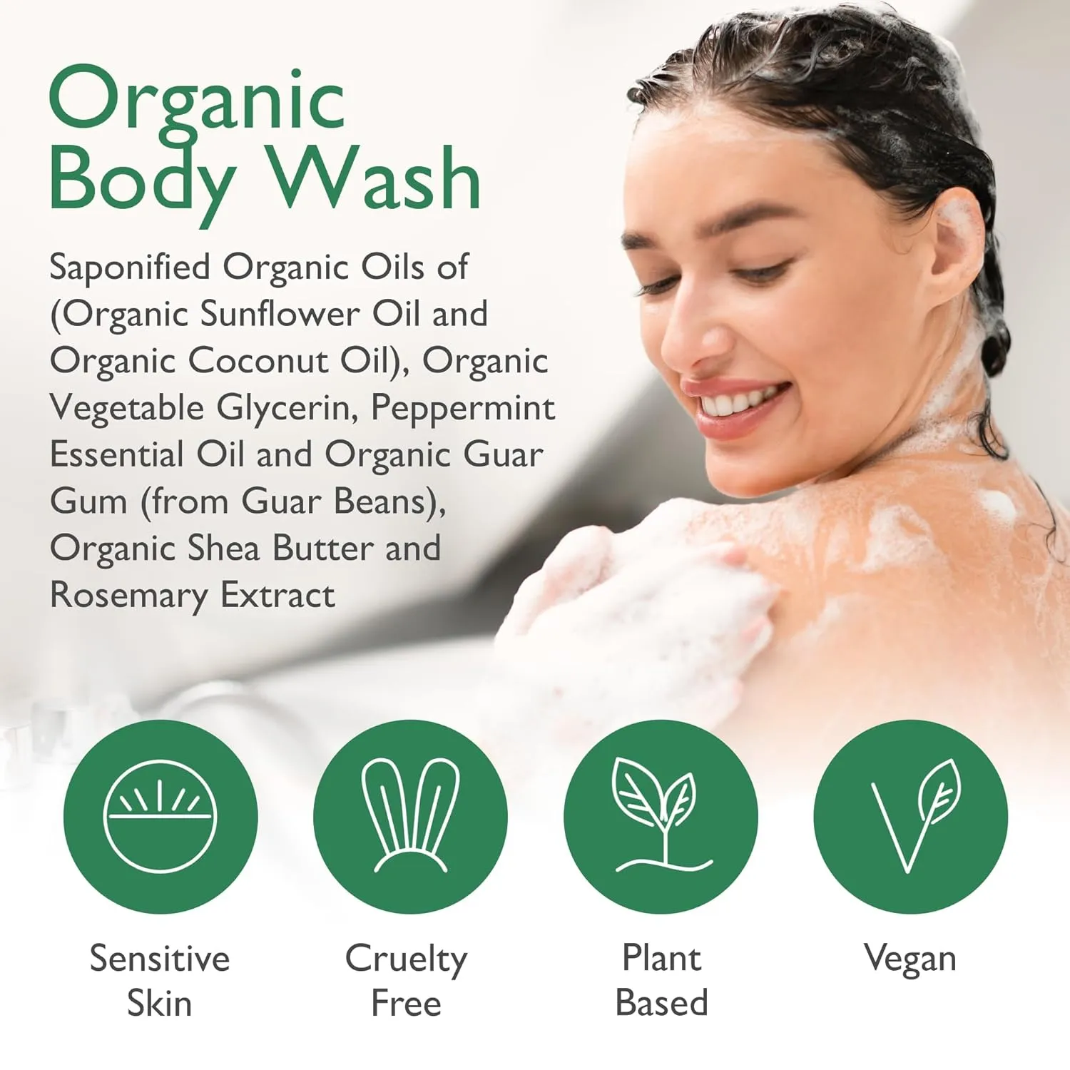 SoCal Suds & Company 128oz Certified Organic Hand & Body Wash w/Shea Butter- Gentle Natural Body,Baby & Face Wash for Sensitive Skin, Moisturizing Thick Castile Soap, Hand Soap and More - Peppermint