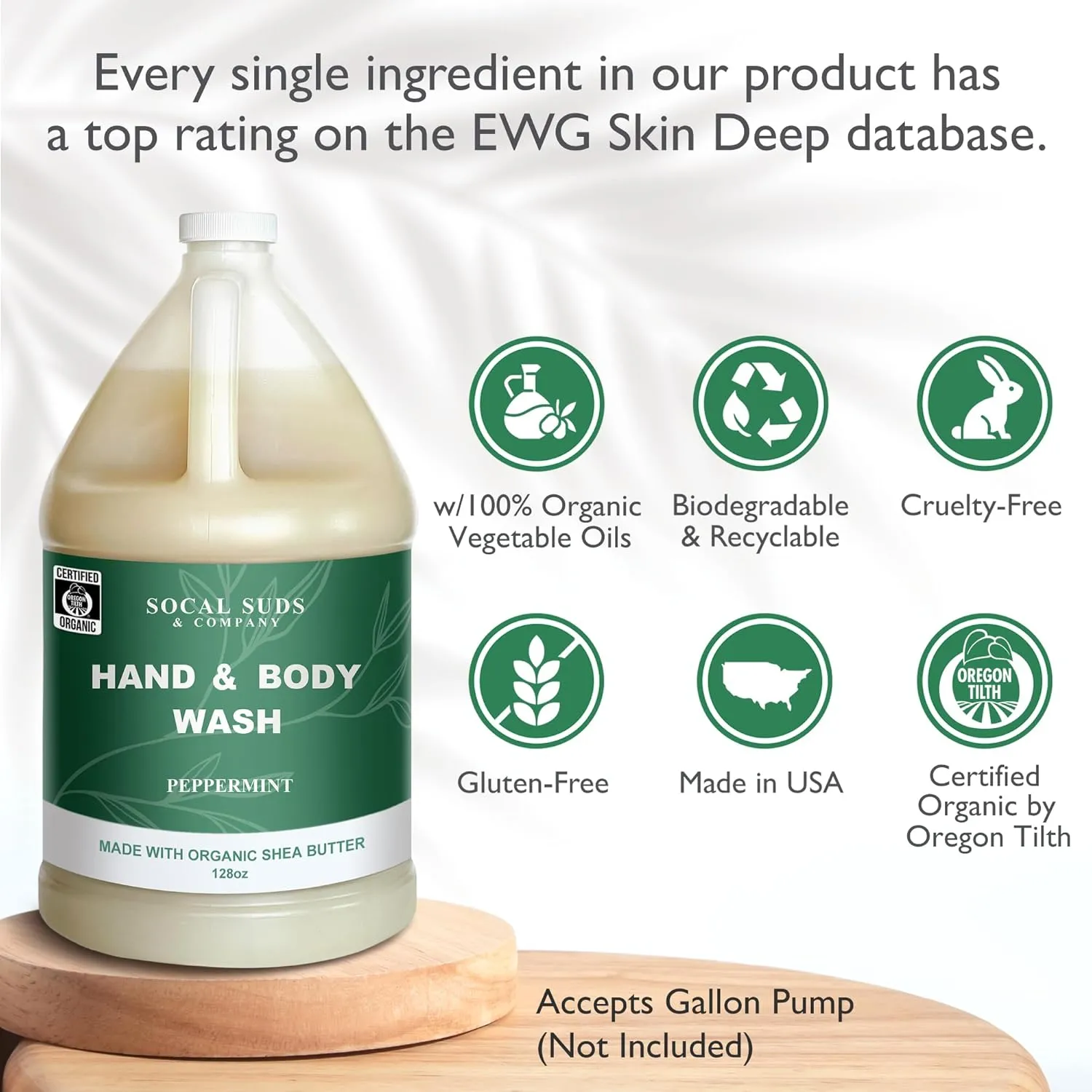 SoCal Suds & Company 128oz Certified Organic Hand & Body Wash w/Shea Butter- Gentle Natural Body,Baby & Face Wash for Sensitive Skin, Moisturizing Thick Castile Soap, Hand Soap and More - Peppermint