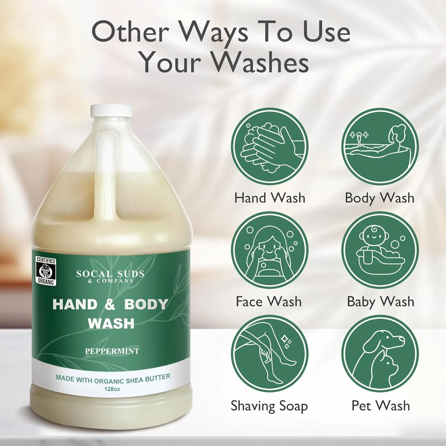 SoCal Suds & Company 128oz Certified Organic Hand & Body Wash w/Shea Butter- Gentle Natural Body,Baby & Face Wash for Sensitive Skin, Moisturizing Thick Castile Soap, Hand Soap and More - Peppermint