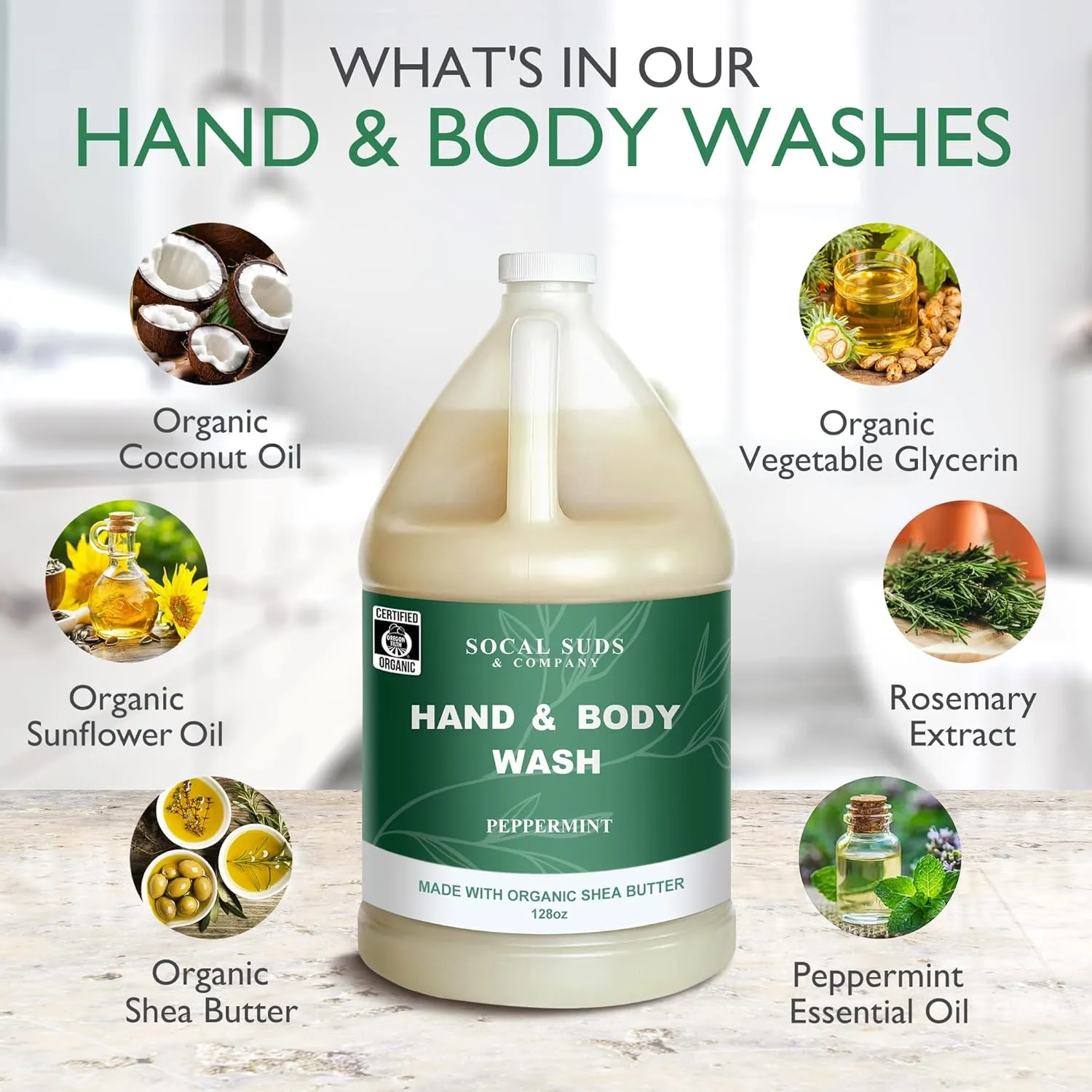 SoCal Suds & Company 128oz Certified Organic Hand & Body Wash w/Shea Butter- Gentle Natural Body,Baby & Face Wash for Sensitive Skin, Moisturizing Thick Castile Soap, Hand Soap and More - Peppermint