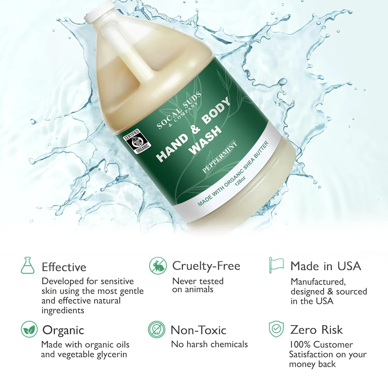SoCal Suds & Company 128oz Certified Organic Hand & Body Wash w/Shea Butter- Gentle Natural Body,Baby & Face Wash for Sensitive Skin, Moisturizing Thick Castile Soap, Hand Soap and More - Peppermint