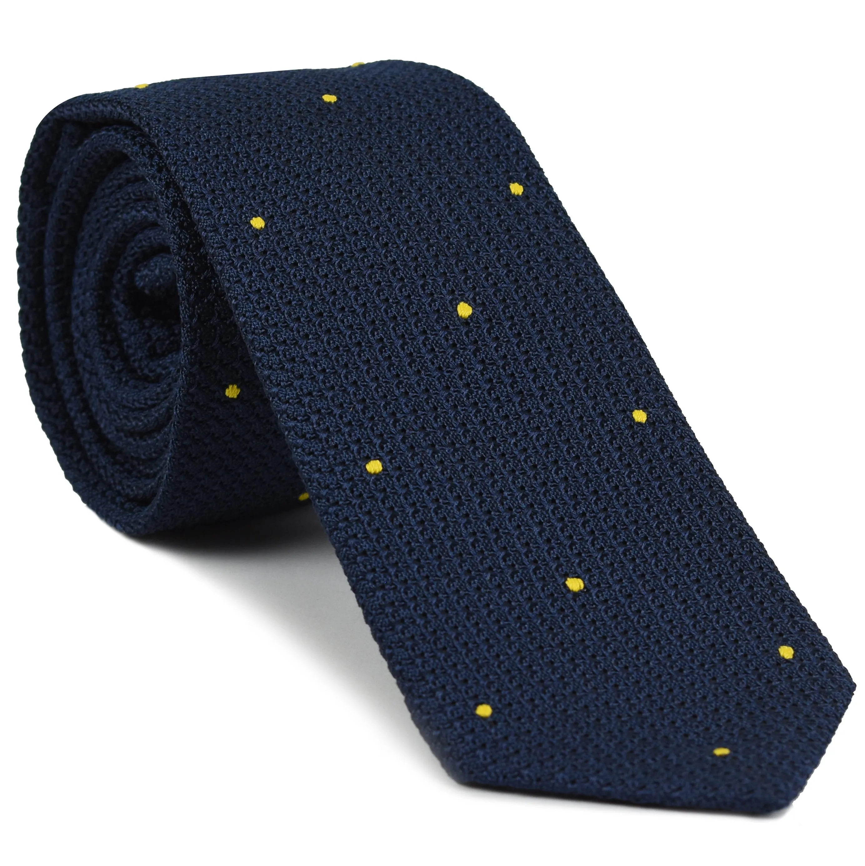 Soft Navy Blue Grenadine Grossa with Yellow (Hand Sewn) Pin Dots Silk Tie #GGDT-11(25)