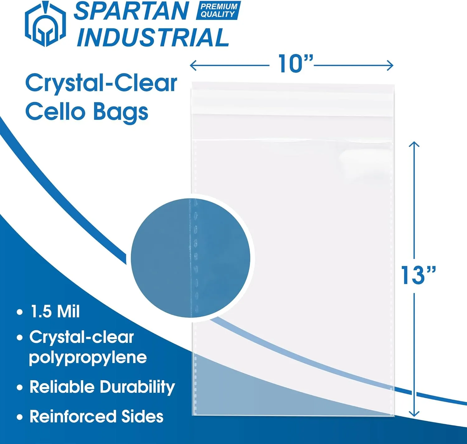 Spartan Industrial - 10" X 13" (100 Count) Crystal Clear Resealable Cello Poly Bags for Packaging, Clothing & T Shirts - Self Seal & Reinforced