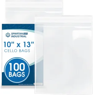Spartan Industrial - 10" X 13" (100 Count) Crystal Clear Resealable Cello Poly Bags for Packaging, Clothing & T Shirts - Self Seal & Reinforced