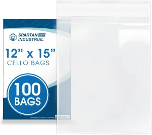Spartan Industrial - 12" X 15" (100 Count) Crystal Clear Resealable Cello Poly Bags for Packaging, Clothing & T Shirts - Self Seal & Reinforced