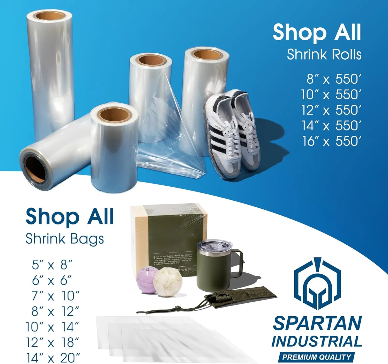 Spartan Industrial - 12" X 18" Large Shrink Wrap Bags - Pack of 500 Shrink Wrap for Baskets, Handmade Goods, Bottles, and More