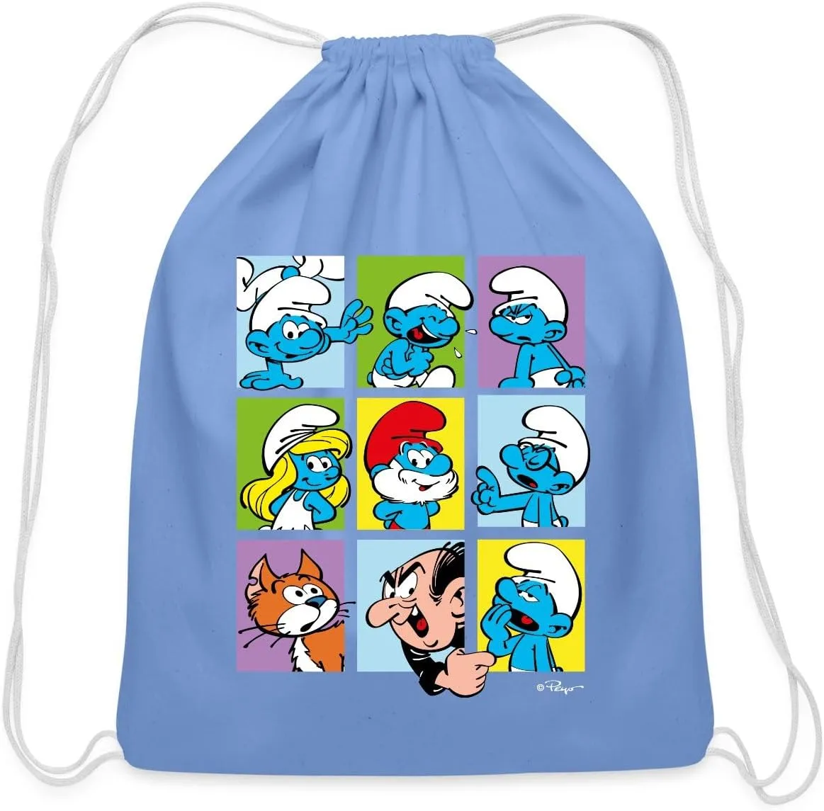 Spreadshirt The Smurfs Colorful Characters Collage Design Cotton Drawstring Bag, One Size, carolina blue