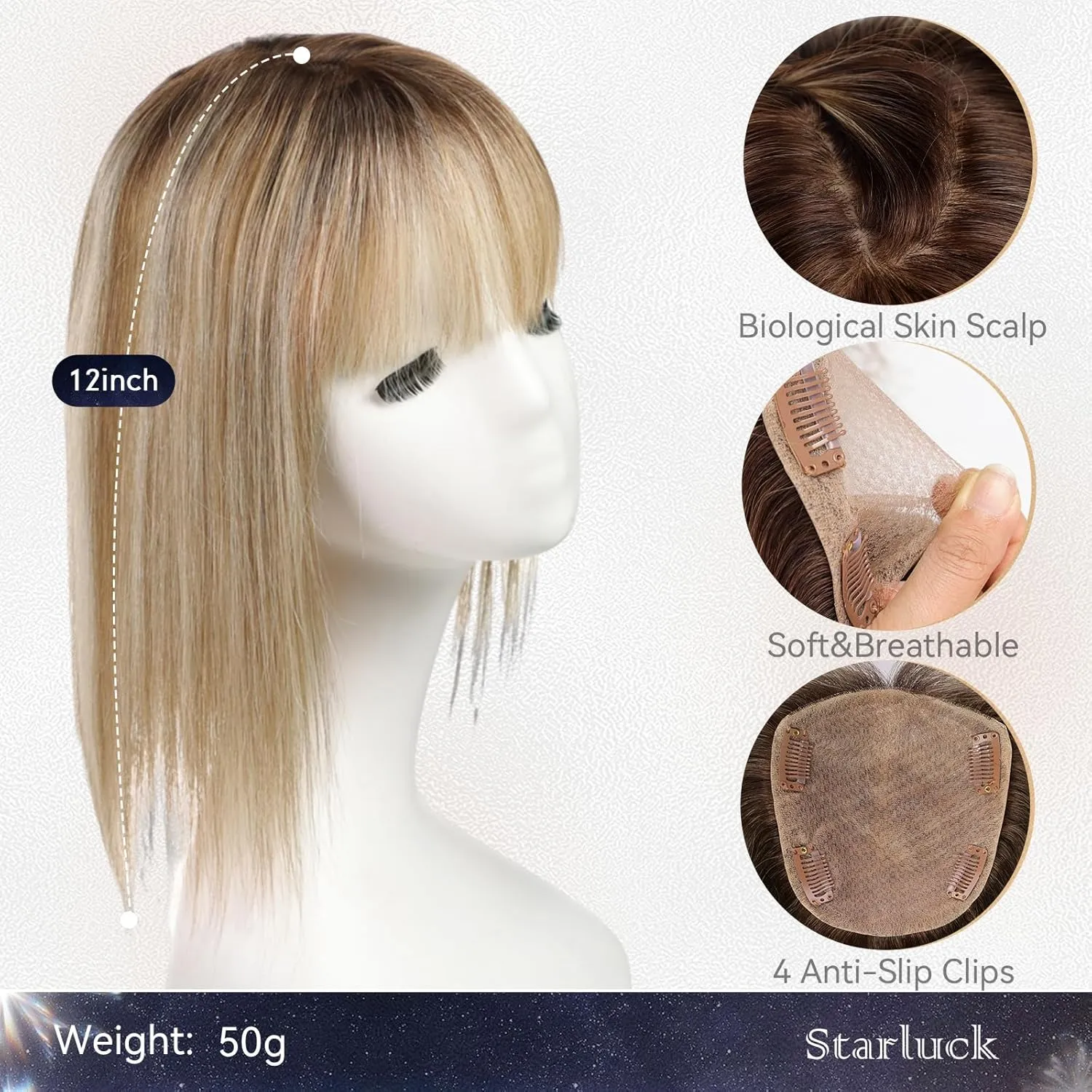 starluck Hair Toppers for Women with Bangs, 5"*5.5"Large Coverage Ombre Blonde Mix Brown 100% Real Human Hair,Cover Gray HairRoots,Best Hairtoppers for ThinHair