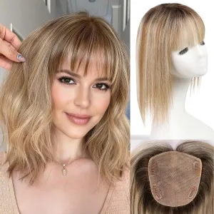 starluck Hair Toppers for Women with Bangs, 5"*5.5"Large Coverage Ombre Blonde Mix Brown 100% Real Human Hair,Cover Gray HairRoots,Best Hairtoppers for ThinHair