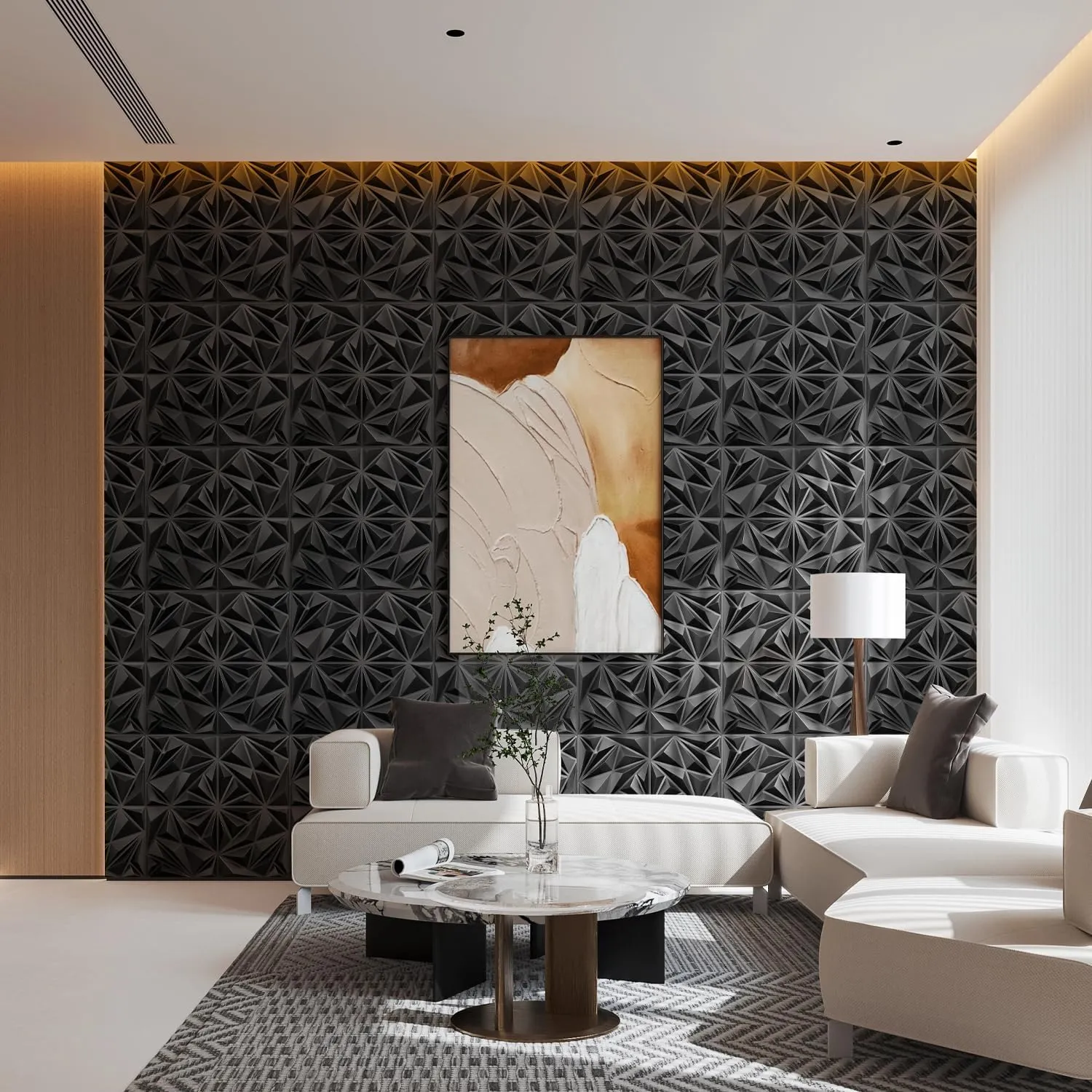 STICKGOO Black 3D Wall Panels, Diamond Design Textured Wall Panels for Interior Wall Decor, 12''x12'' Modern Accent Wall Panels for Gaming Room, Bedroom, 33 Pack Wall Tiles Cover 32.Sq.Ft.