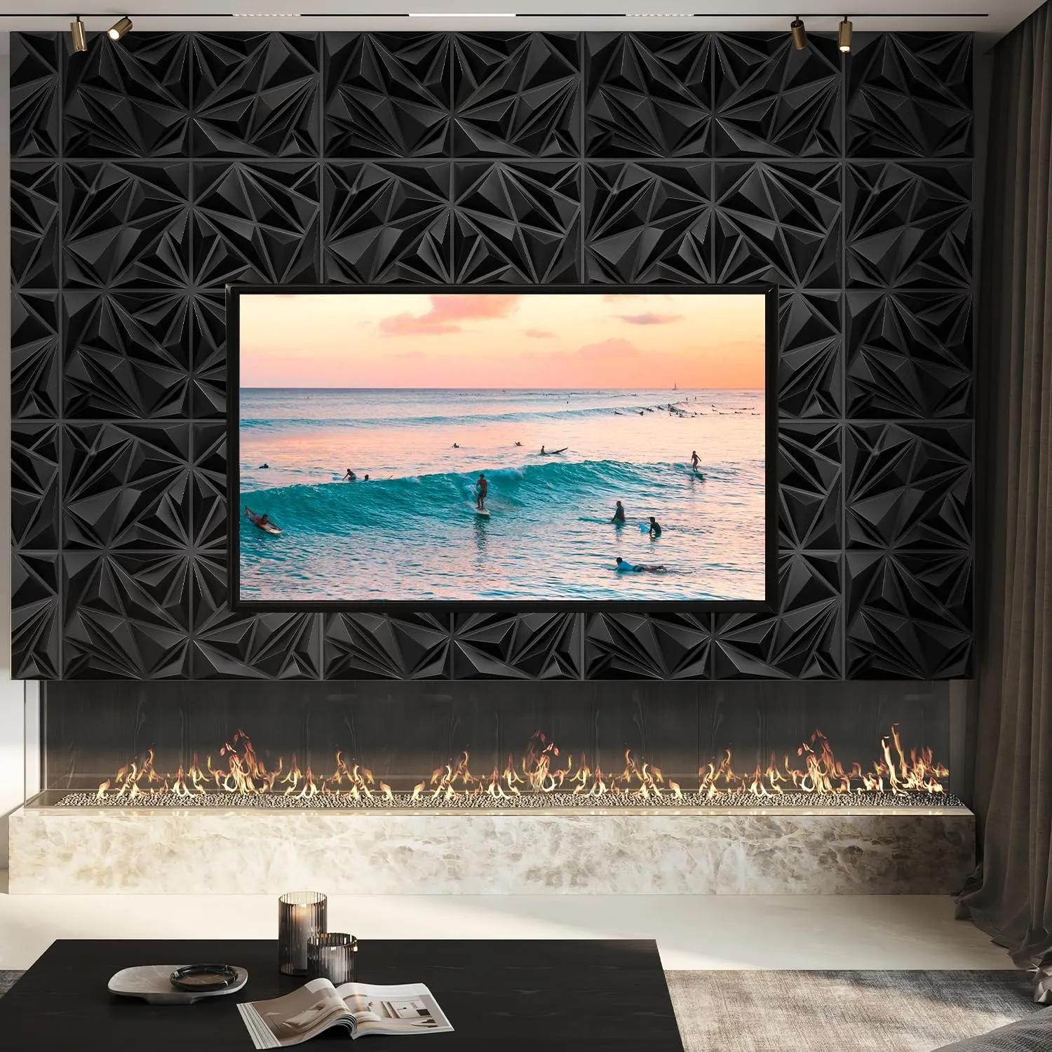 STICKGOO Black 3D Wall Panels, Diamond Design Textured Wall Panels for Interior Wall Decor, 12''x12'' Modern Accent Wall Panels for Gaming Room, Bedroom, 33 Pack Wall Tiles Cover 32.Sq.Ft.