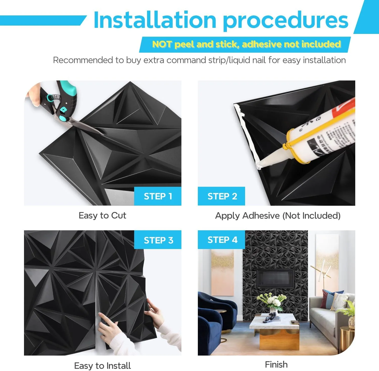 STICKGOO Black 3D Wall Panels, Diamond Design Textured Wall Panels for Interior Wall Decor, 12''x12'' Modern Accent Wall Panels for Gaming Room, Bedroom, 33 Pack Wall Tiles Cover 32.Sq.Ft.