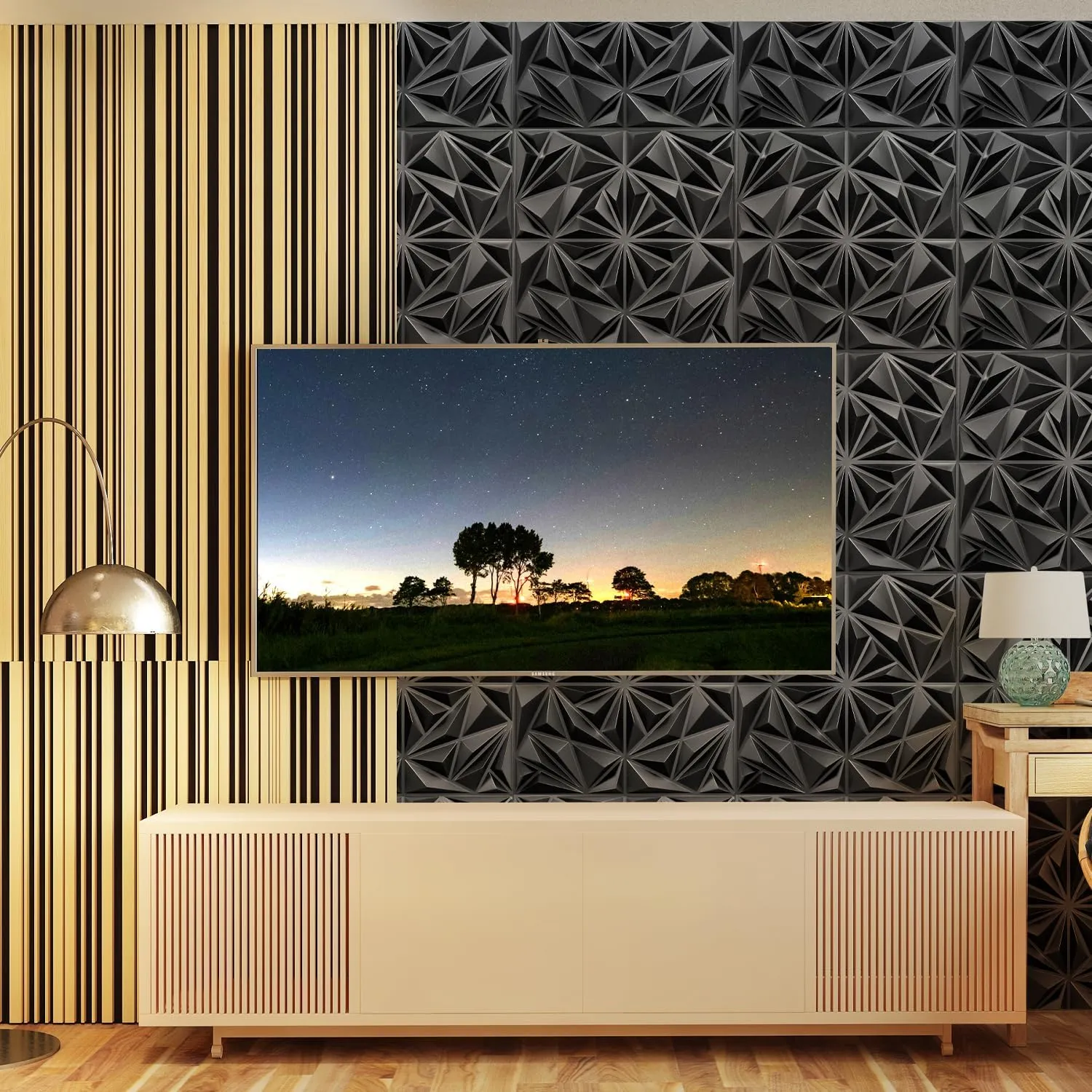 STICKGOO Black 3D Wall Panels, Diamond Design Textured Wall Panels for Interior Wall Decor, 12''x12'' Modern Accent Wall Panels for Gaming Room, Bedroom, 33 Pack Wall Tiles Cover 32.Sq.Ft.