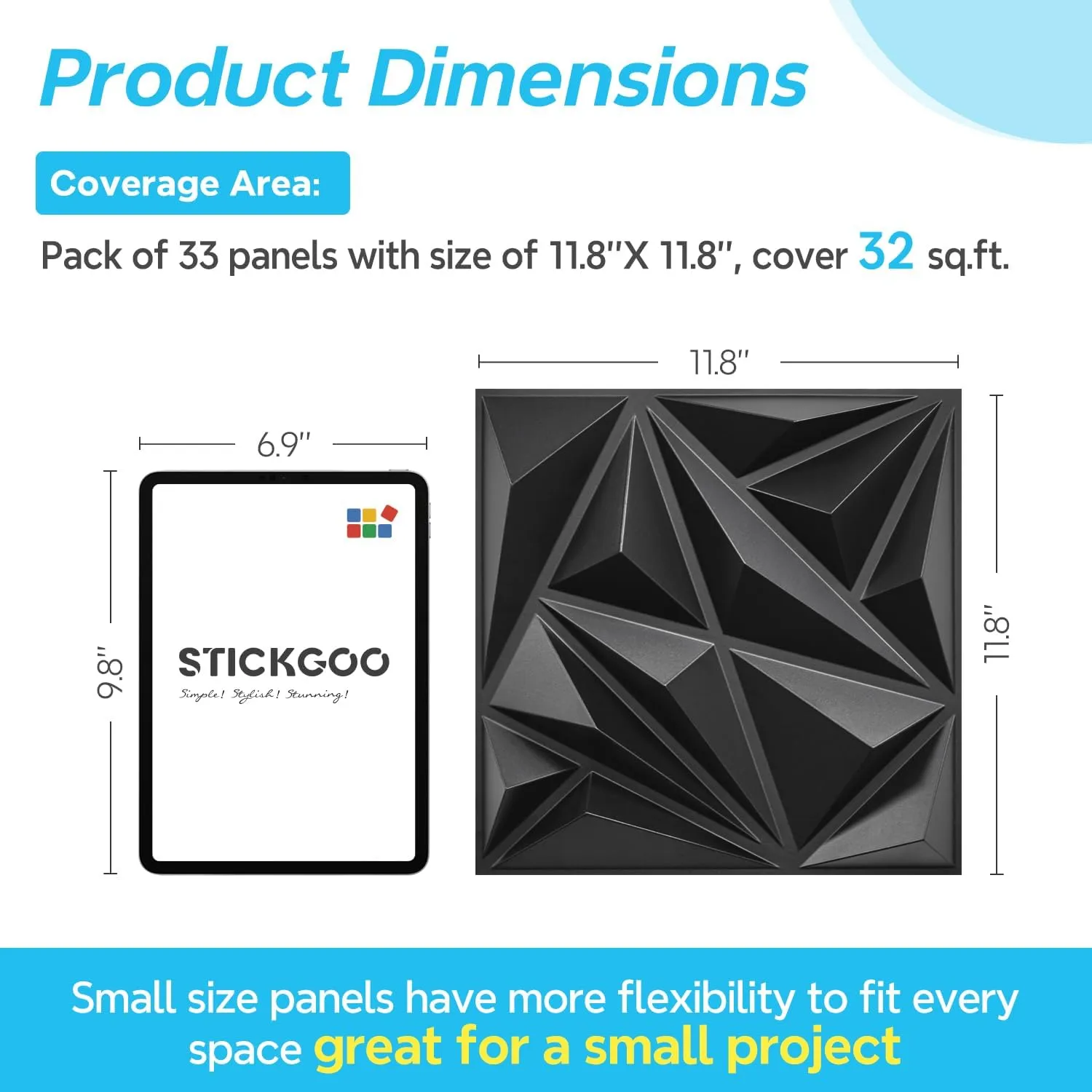 STICKGOO Black 3D Wall Panels, Diamond Design Textured Wall Panels for Interior Wall Decor, 12''x12'' Modern Accent Wall Panels for Gaming Room, Bedroom, 33 Pack Wall Tiles Cover 32.Sq.Ft.