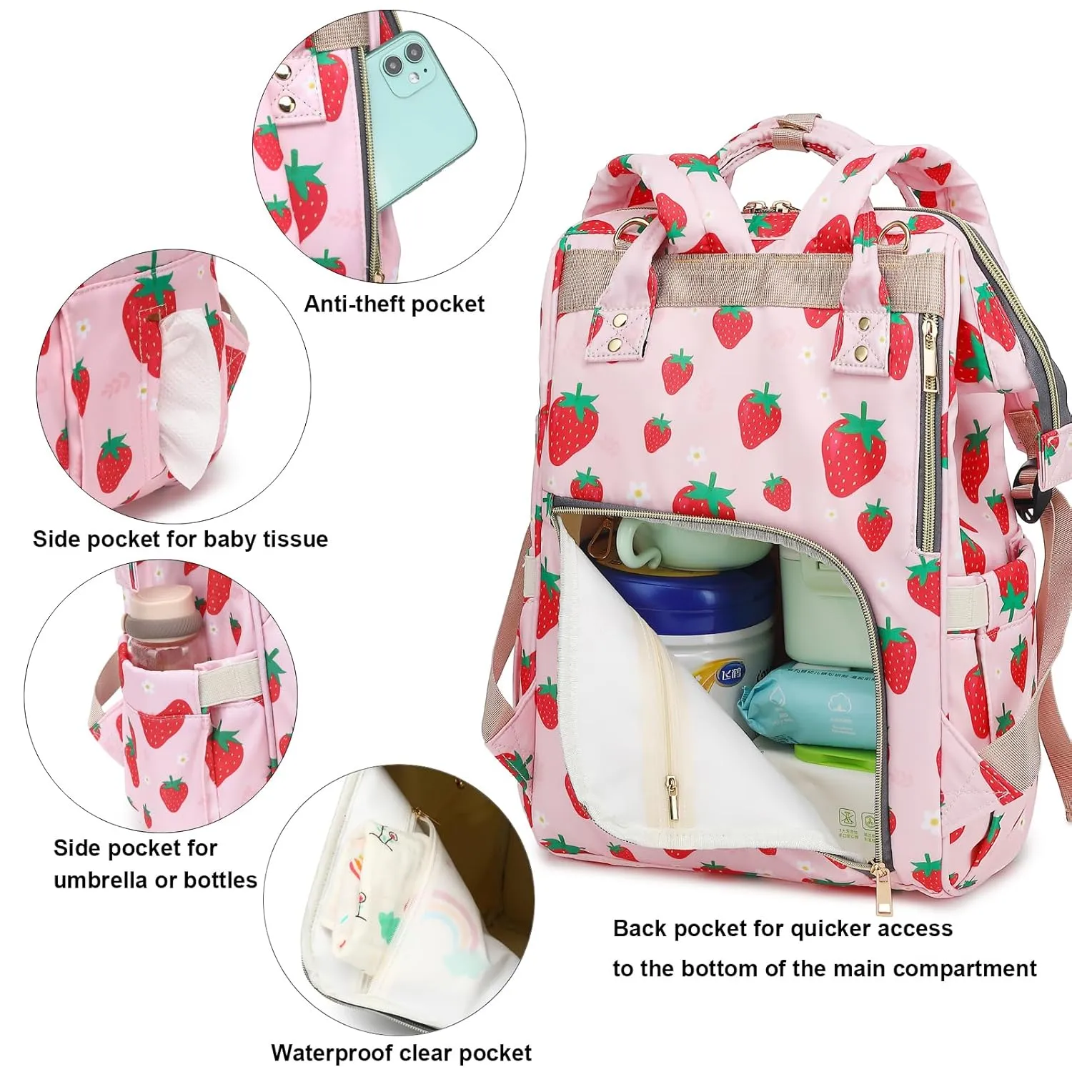 Strawberry Diaper Bag Backpack for Baby Girls, Mom Waterproof Large Nappy Bags for Women