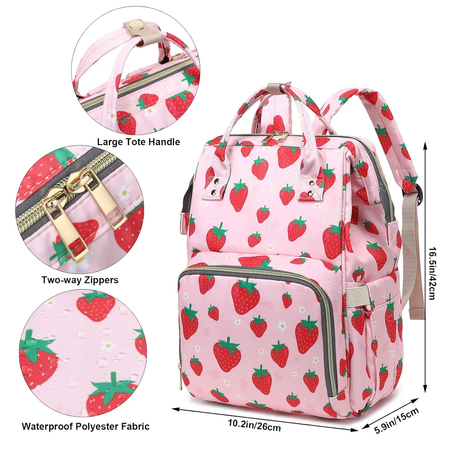Strawberry Diaper Bag Backpack for Baby Girls, Mom Waterproof Large Nappy Bags for Women