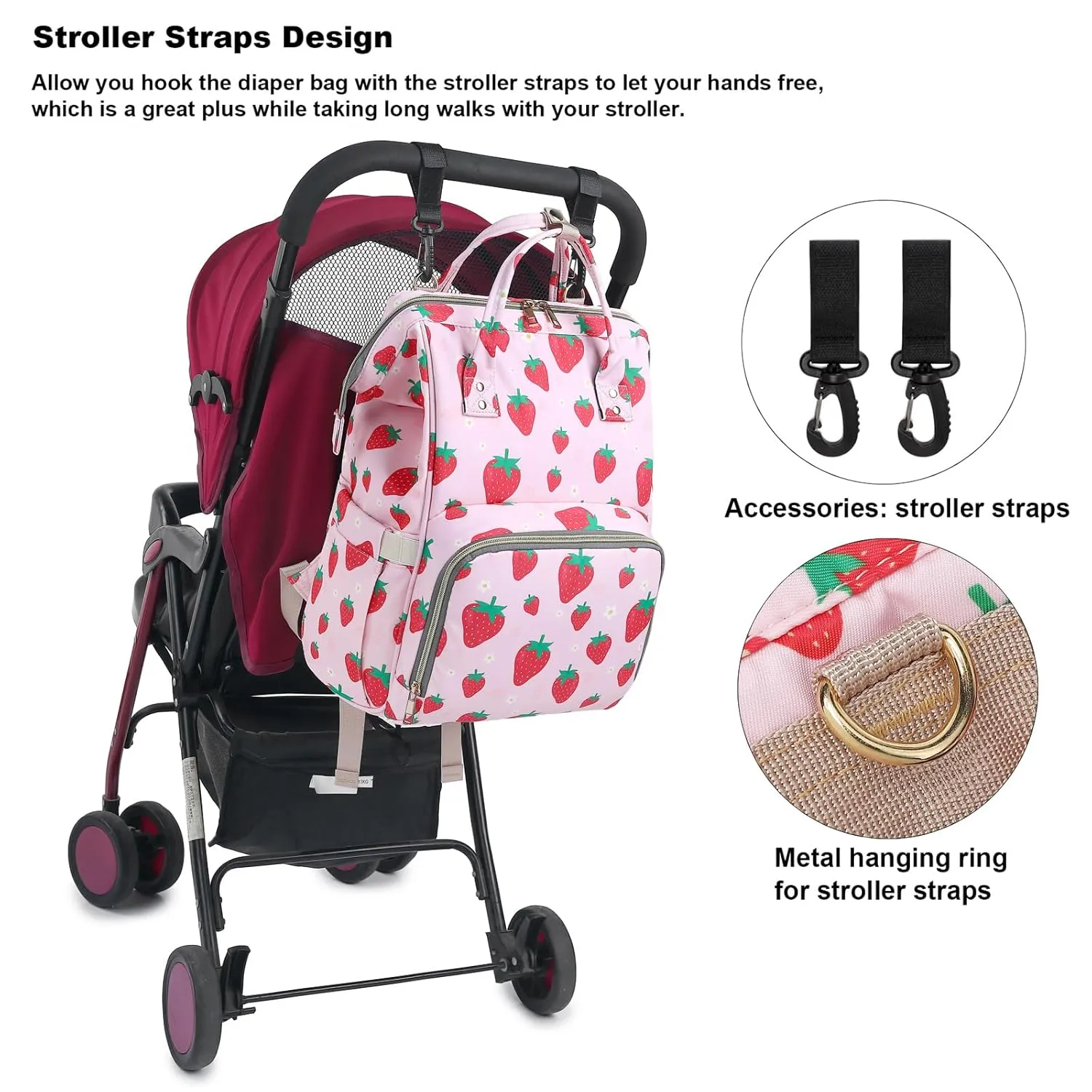 Strawberry Diaper Bag Backpack for Baby Girls, Mom Waterproof Large Nappy Bags for Women