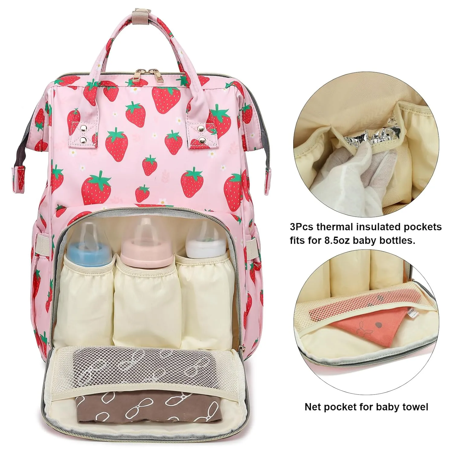 Strawberry Diaper Bag Backpack for Baby Girls, Mom Waterproof Large Nappy Bags for Women