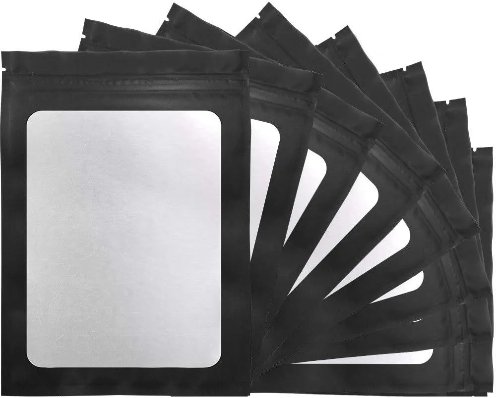 STUs 100 Pack Mylar Bags 5.5 x 7.9 Inch Resealable Smell Proof Bags with Clear Window Foil Pouch Bag Flat Bag Matte Black