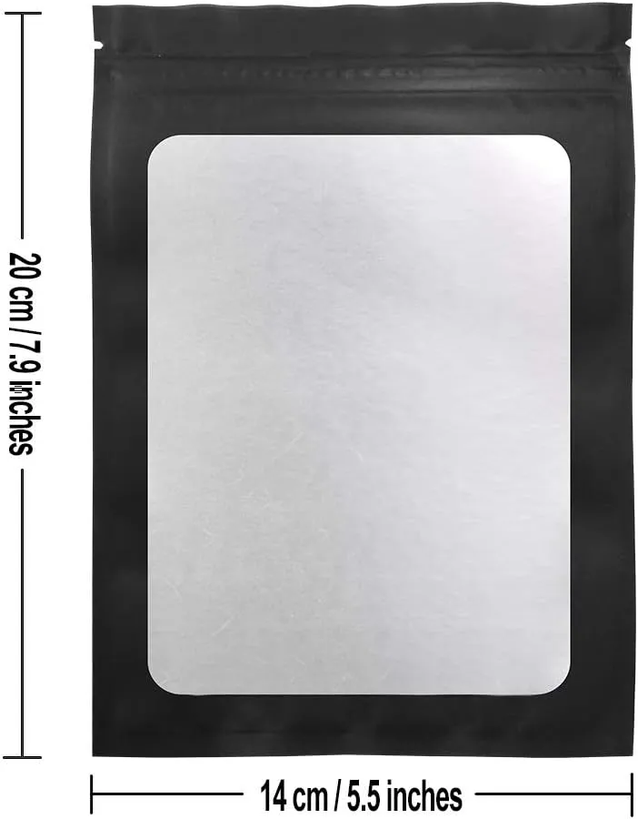 STUs 100 Pack Mylar Bags 5.5 x 7.9 Inch Resealable Smell Proof Bags with Clear Window Foil Pouch Bag Flat Bag Matte Black