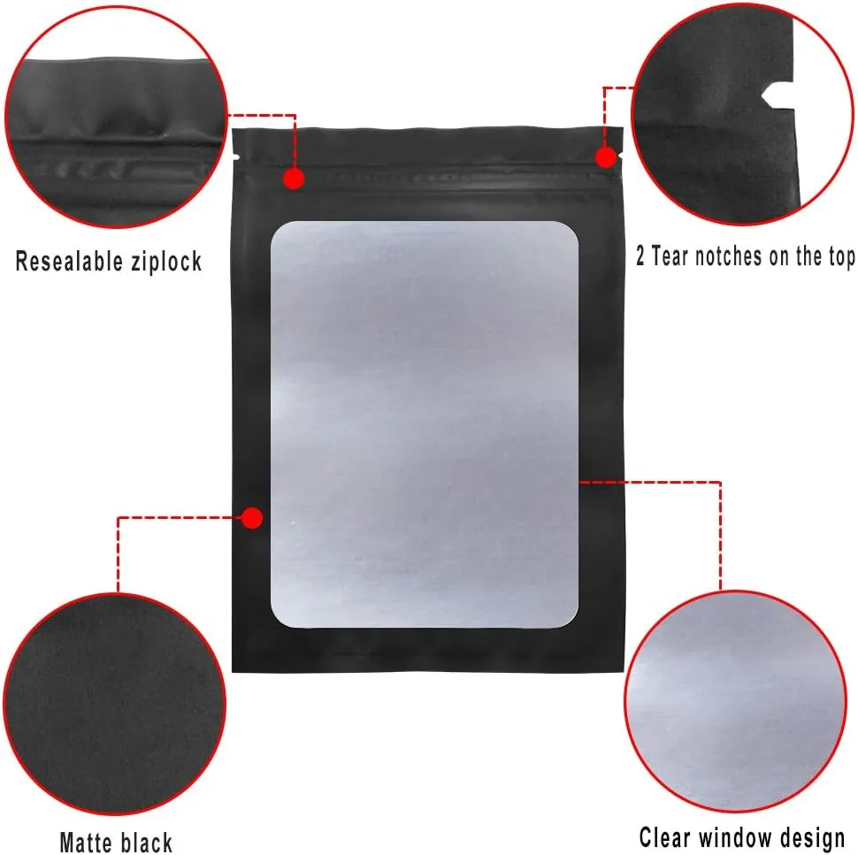 STUs 100 Pack Mylar Bags 5.5 x 7.9 Inch Resealable Smell Proof Bags with Clear Window Foil Pouch Bag Flat Bag Matte Black