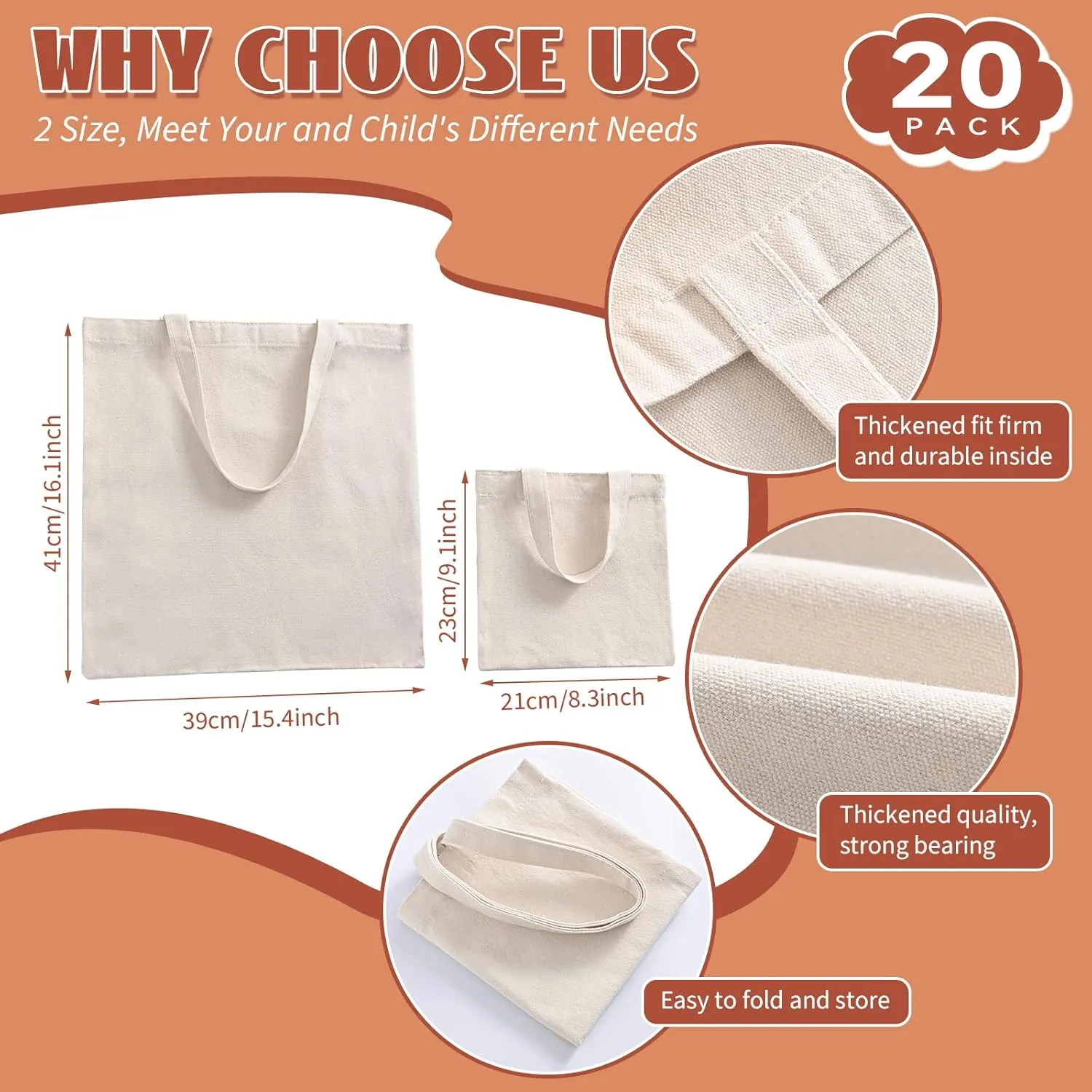 Sublimation Blank Tote Bags, 20Pack Canvas Tote Bags 16.1 x 15.4 Inch, 9.1 x 8.3 Inch Small Canvas Tote Bag Reusable Grocery Bags Shopping Cloth Bag for Heat Transfer, DIY, Mother's Day, Ivory