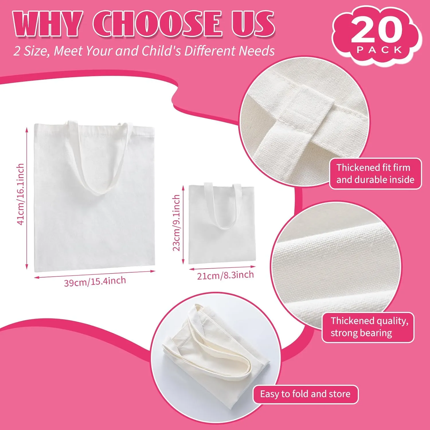 Sublimation Blank Tote Bags, 20Pack Canvas Tote Bags 16.1 x 15.4 Inch, 9.1 x 8.3 Inch Small Canvas Tote Bag Reusable Grocery Bags Shopping Cloth Bag for Heat Transfer, DIY, Mother's Day, White