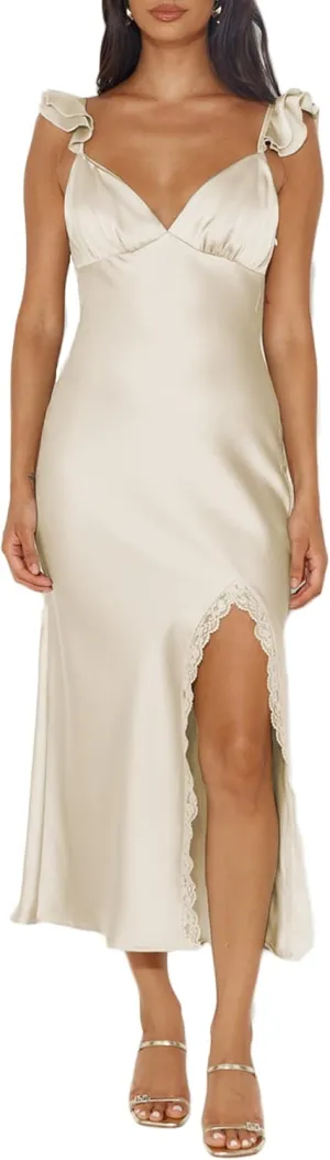 Summer Satin Lace Backless Spaghetti Strap Maxi Dress for Wedding Guest Silk Sleeveless V Neck Slit Ruffled Dress for Women