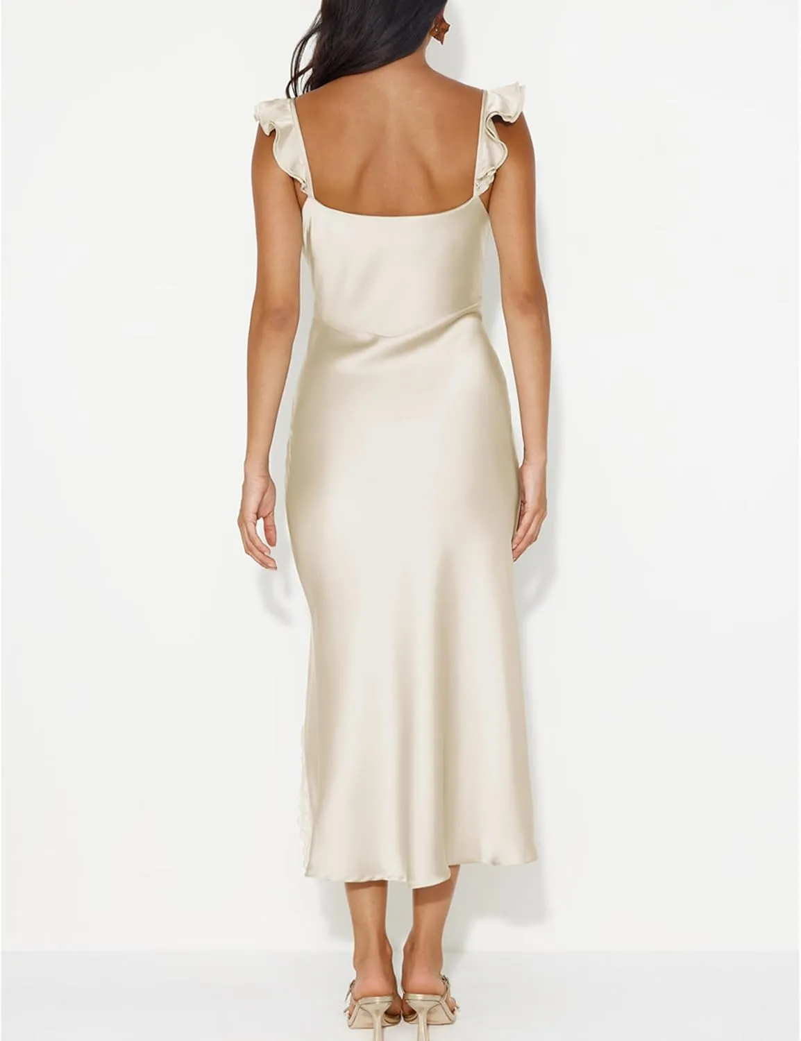 Summer Satin Lace Backless Spaghetti Strap Maxi Dress for Wedding Guest Silk Sleeveless V Neck Slit Ruffled Dress for Women