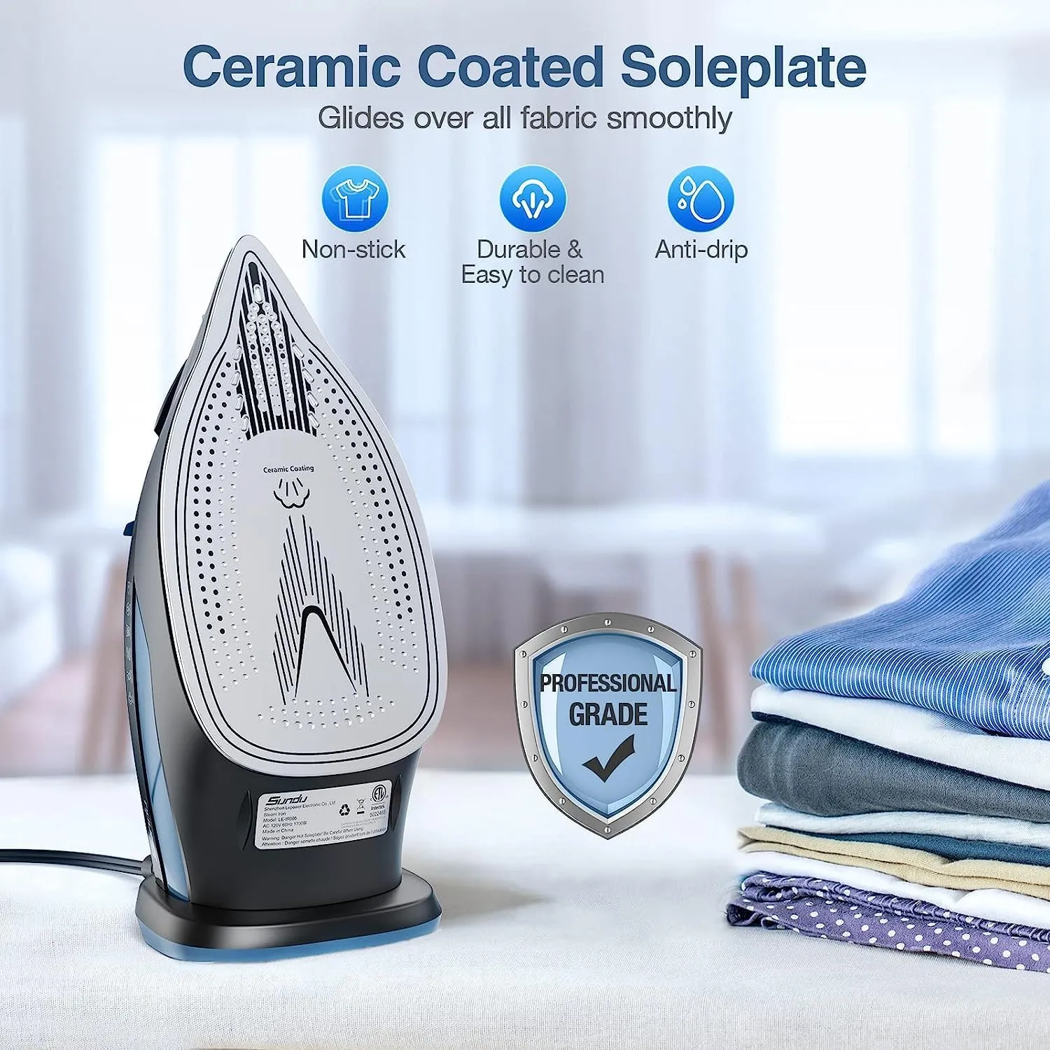 Sundu Steam Iron for Clothes with Rapid Heating Ceramic Coated Soleplate, 1700W with Precise Thermostat Dial, Self-Cleaning, Auto-Off, 15.21oz Water Tank for Home Clothes Ironing Use, Blue