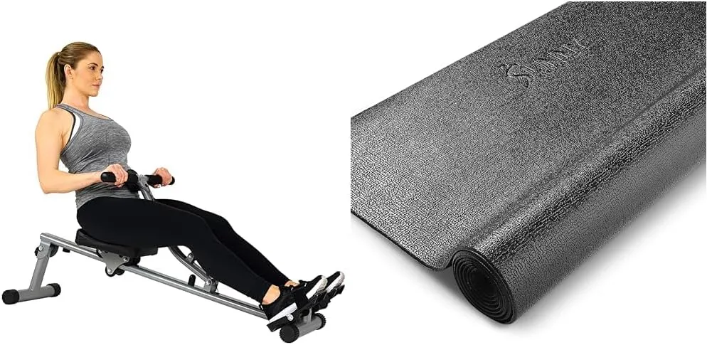 Sunny Health & Fitness Rowing Machine Rower with 12 Level Adjustable Resistance, Digital Monitor and 220 LB Max Weight SF-RW1205   Home Gym Foam Floor Protector Mat
