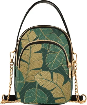 susiyo Luxury Gold Green Tropic Leaves Small Crossbody Bags Shoulder Bag for Women Multi Zipper Stylish Ladies Messenger Bags Phone Purse Handbag Wallet