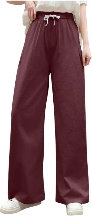 Sweatpants for Women Cotton Linen Slim Comfy High Waisted Solid Casual Trousers Straight Leg Stretchy Baggy Pants