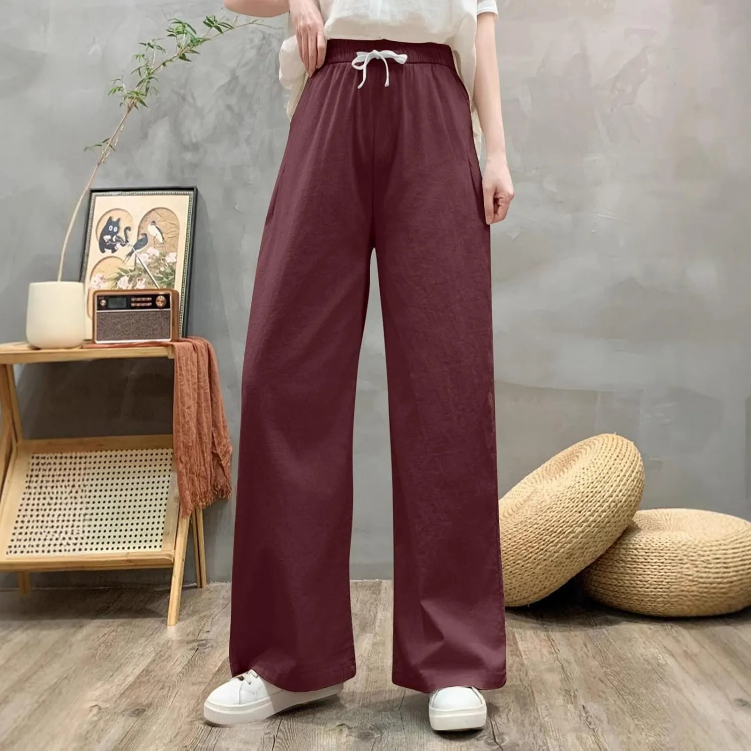 Sweatpants for Women Cotton Linen Slim Comfy High Waisted Solid Casual Trousers Straight Leg Stretchy Baggy Pants