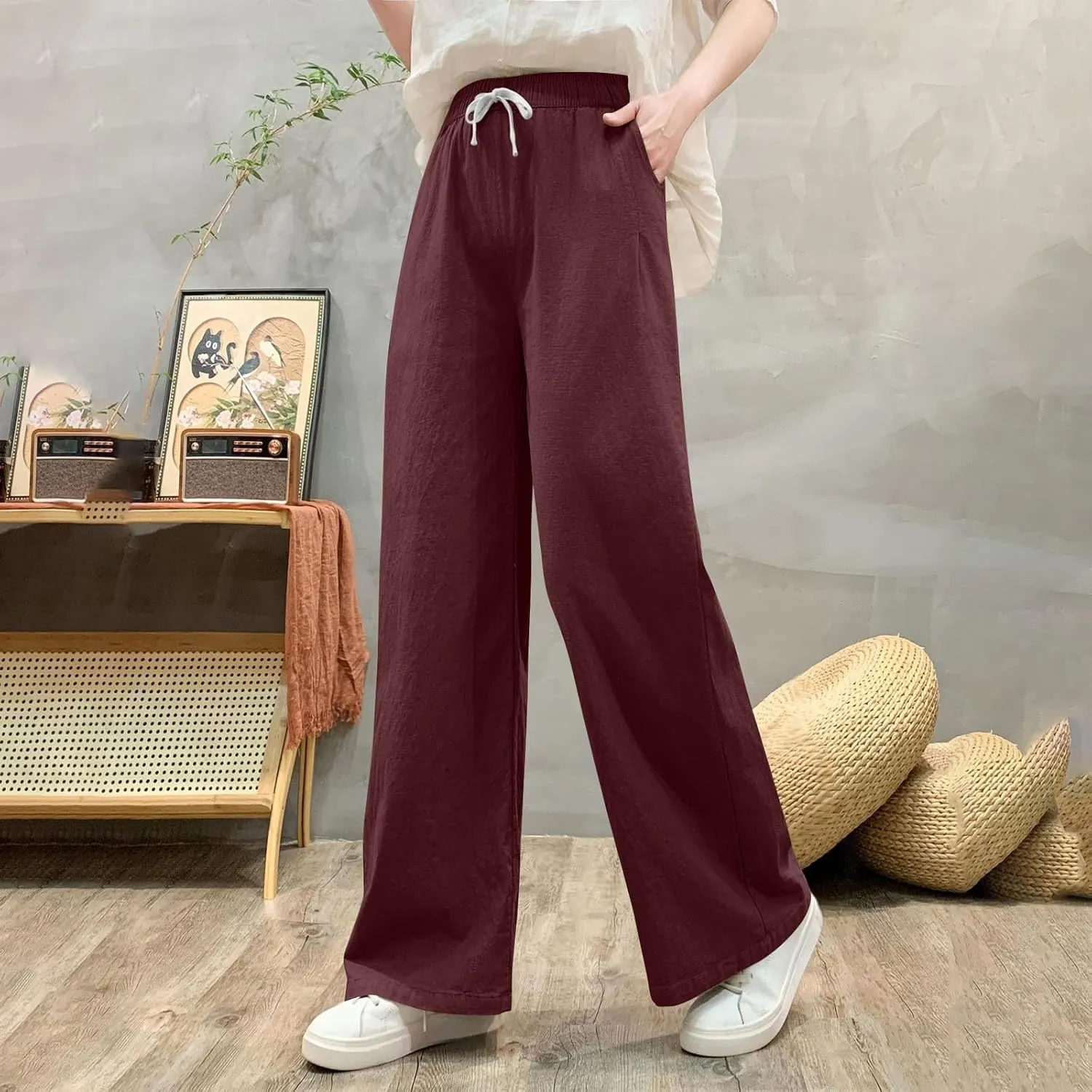 Sweatpants for Women Cotton Linen Slim Comfy High Waisted Solid Casual Trousers Straight Leg Stretchy Baggy Pants