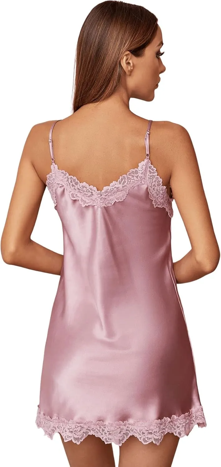 SweatyRocks Women's Satin Lace Lingerie V Neck Sleeveless Nightgown Sleepwear Cami Dress