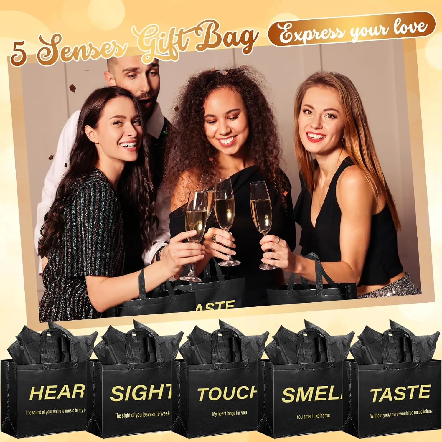 Sweetude 5 Senses Gift Bags for Him Her with Handles Tissue Paper Five Senses Gift Bags for Fathers Day Wedding Party(Black)