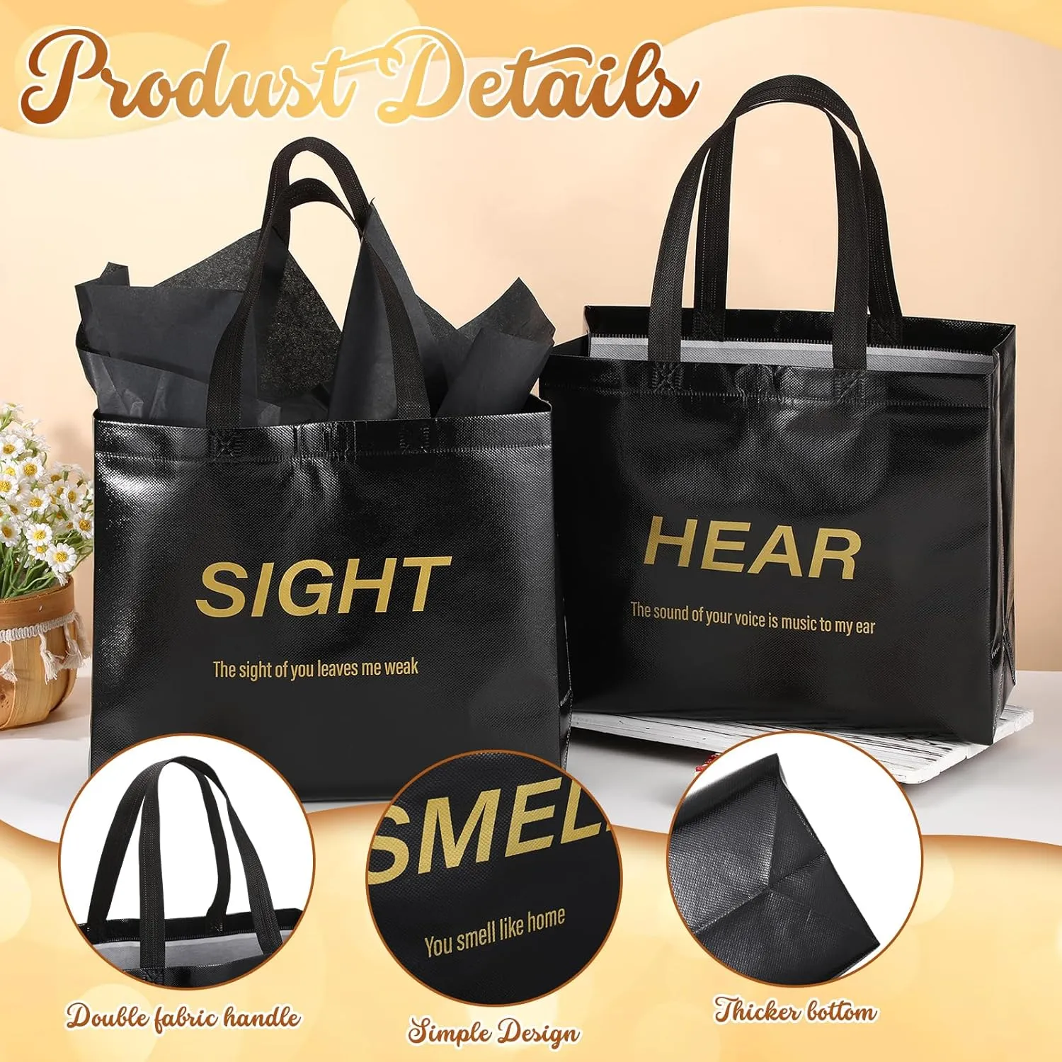 Sweetude 5 Senses Gift Bags for Him Her with Handles Tissue Paper Five Senses Gift Bags for Fathers Day Wedding Party(Black)