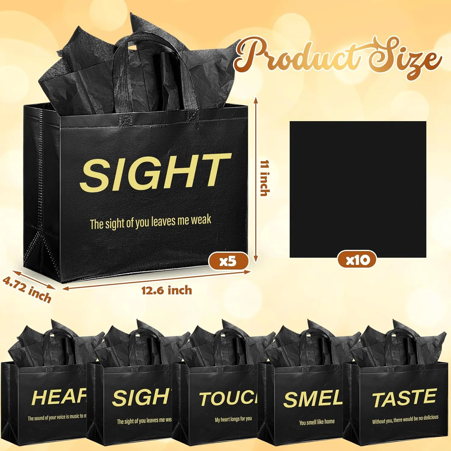Sweetude 5 Senses Gift Bags for Him Her with Handles Tissue Paper Five Senses Gift Bags for Fathers Day Wedding Party(Black)