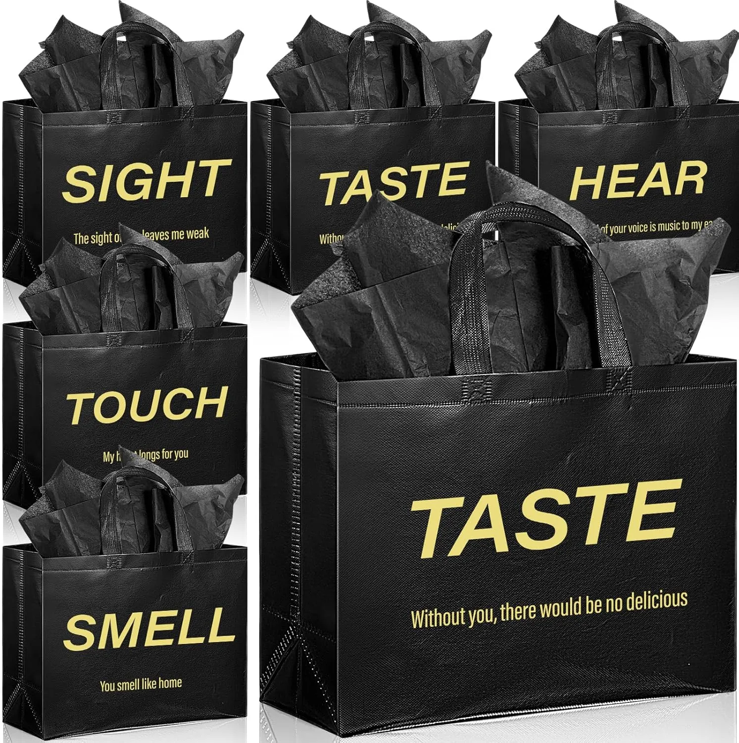 Sweetude 5 Senses Gift Bags for Him Her with Handles Tissue Paper Five Senses Gift Bags for Fathers Day Wedding Party(Black)