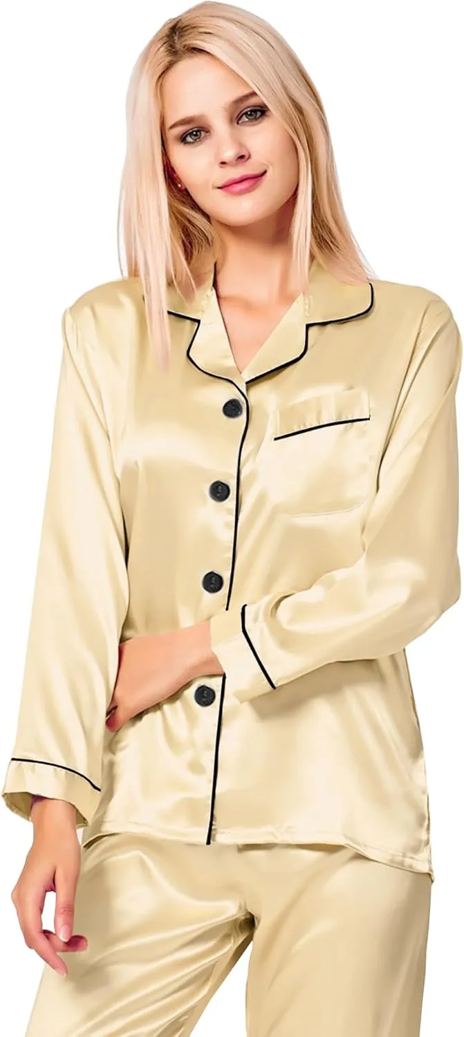 SWOMOG Womens Silk Satin Pajamas Set Long Sleeve Button Down Sleepwear 2 Piece Lounge Set Pj Set XS-3XL