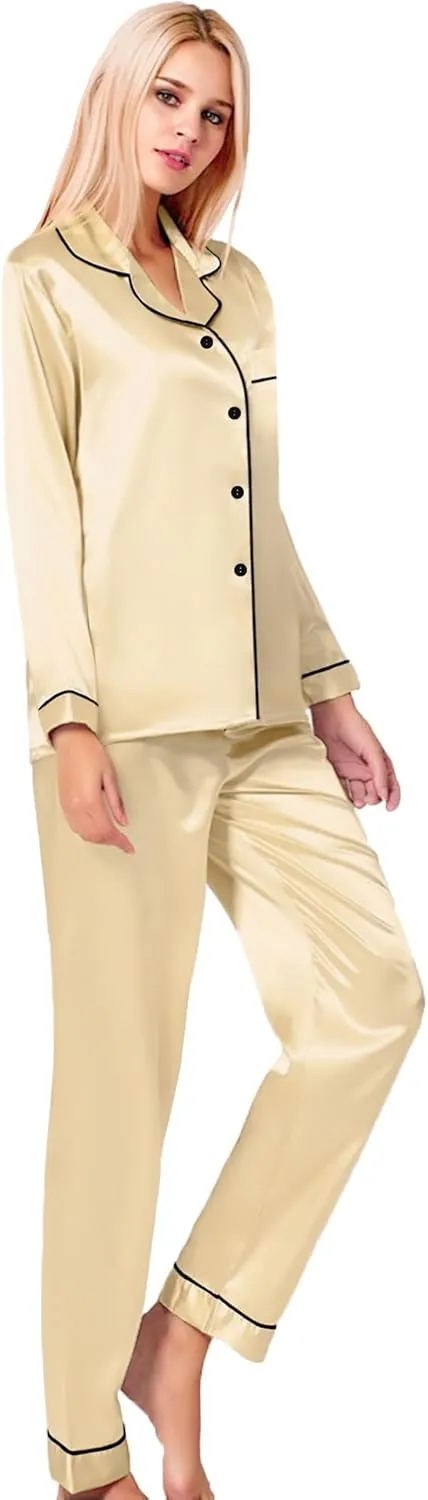 SWOMOG Womens Silk Satin Pajamas Set Long Sleeve Button Down Sleepwear 2 Piece Lounge Set Pj Set XS-3XL