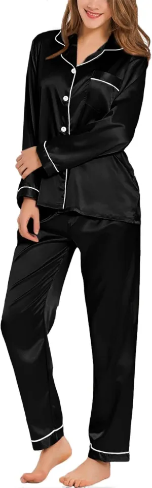 SWOMOG Womens Silk Satin Pajamas Set Long Sleeve Button Down Sleepwear 2 Piece Lounge Set Pj Set XS-3XL