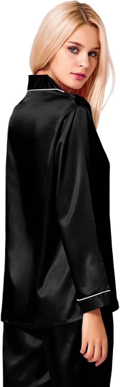 SWOMOG Womens Silk Satin Pajamas Set Long Sleeve Button Down Sleepwear 2 Piece Lounge Set Pj Set XS-3XL
